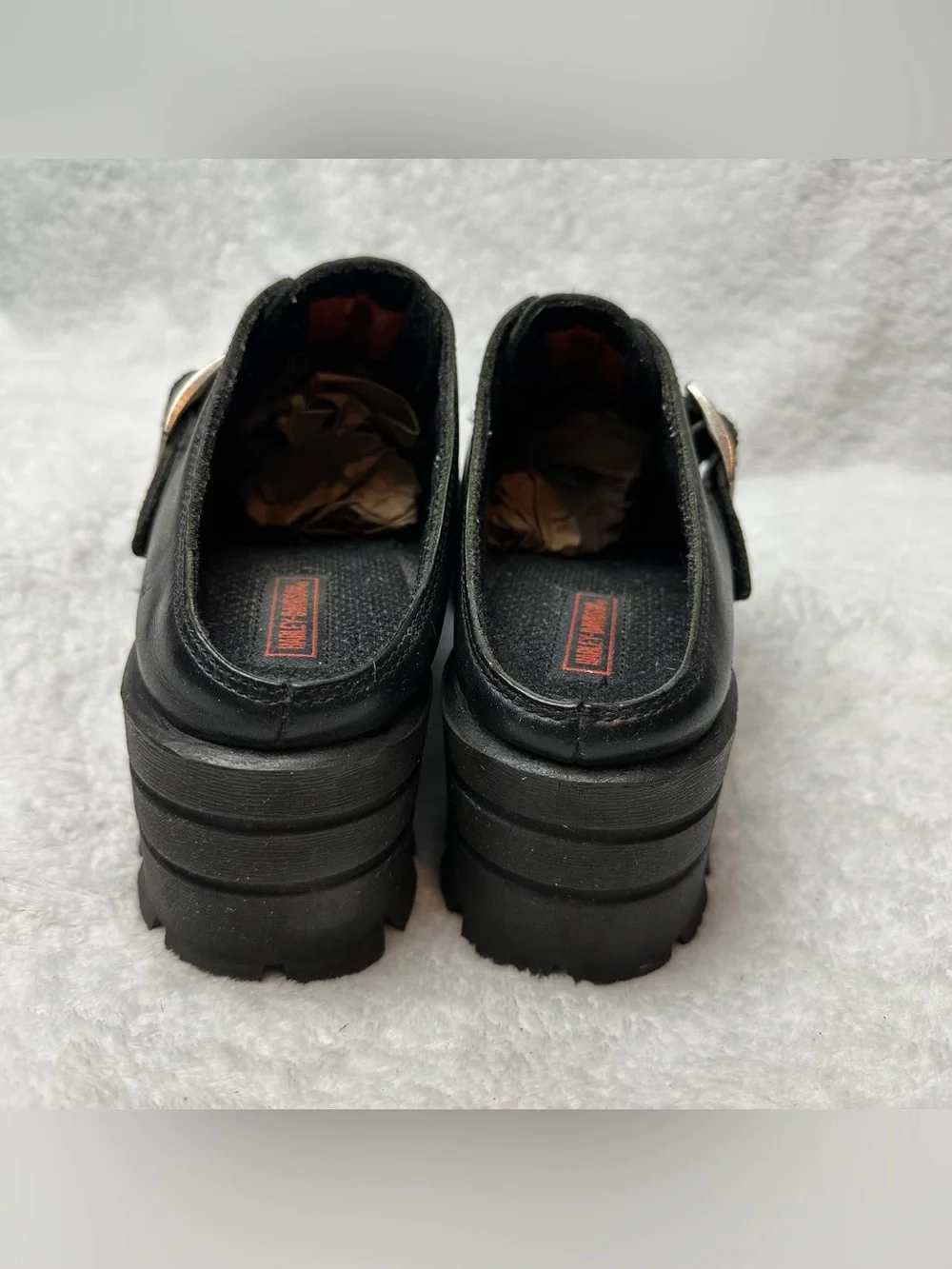 Harley-Davidson Black Leather Platform Clogs Mules Lug Sole Women’s Size 9